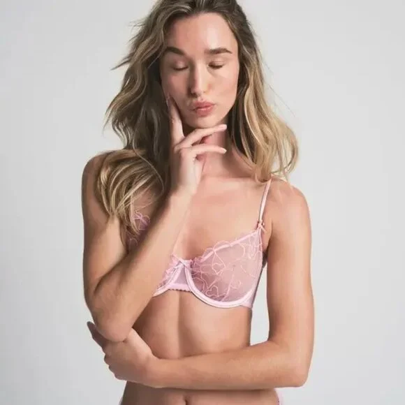SKIMS Embroidered Tulle Unlined Demi Bra Bubble Gum Size 32B NWT - Picture 2 of 10